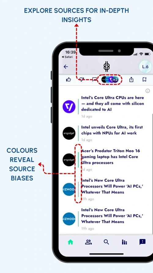 click to view the individual sources behhing each post for a deeper dive. Coloured bars show bias of each source